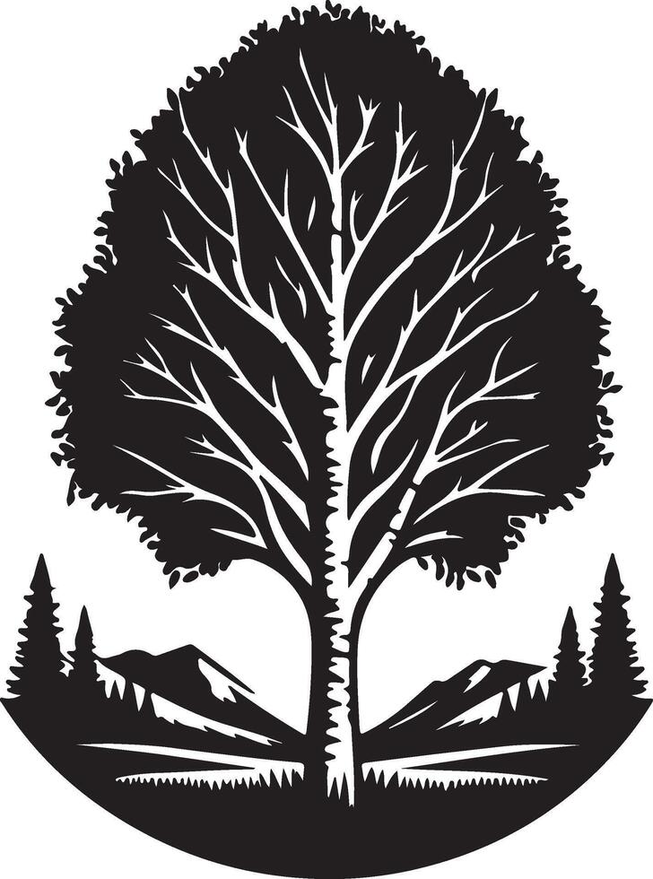 a black and white logo of a tree with mountains in the background vector