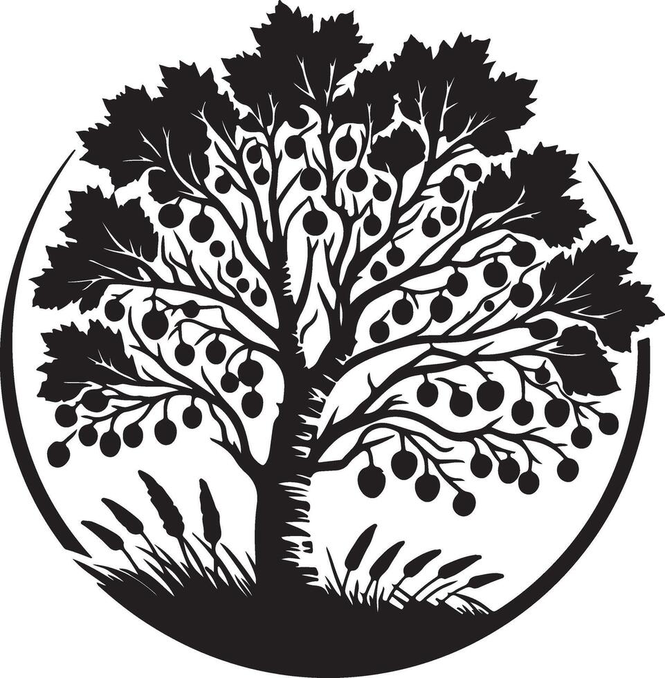 The black and white illustration of a tree with fruit vector