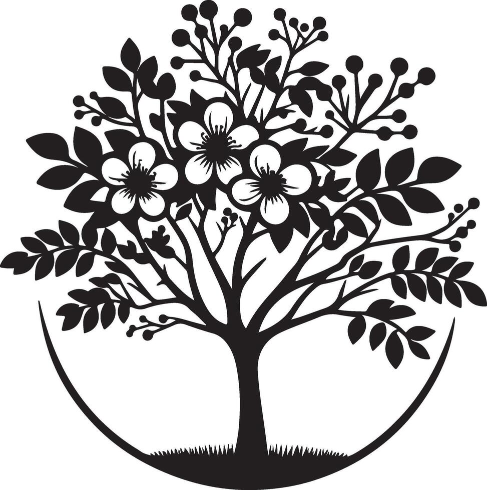 The black and white creative silhouette of a tree with flowers vector