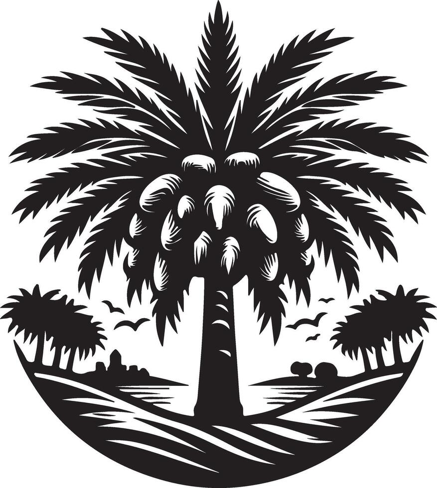 a palm tree with birds flying in the background vector