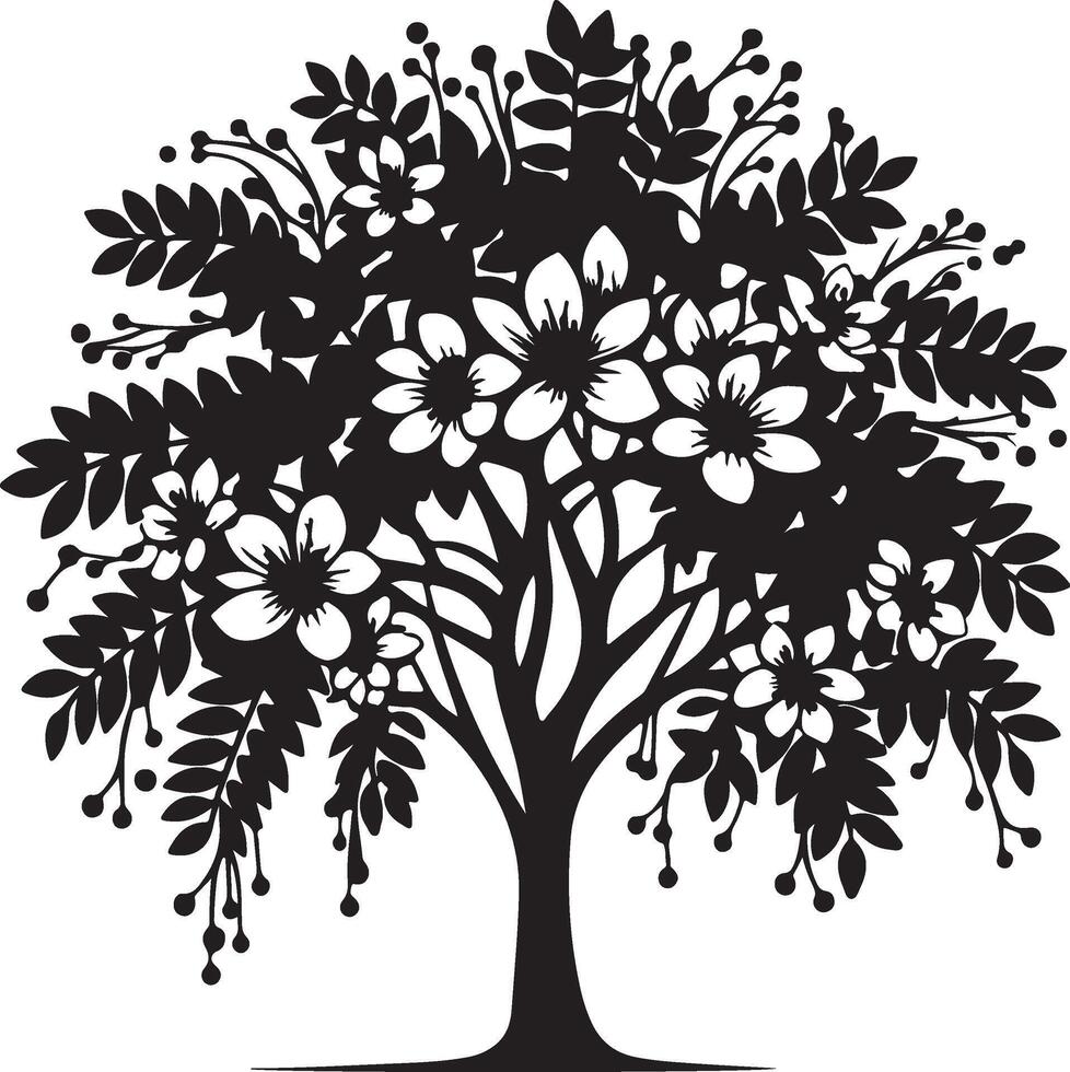 a black and white silhouette of a tree with flowers vector