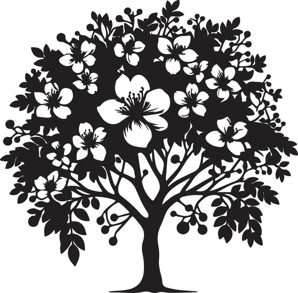 a black and white illustration of a tree with flowers vector