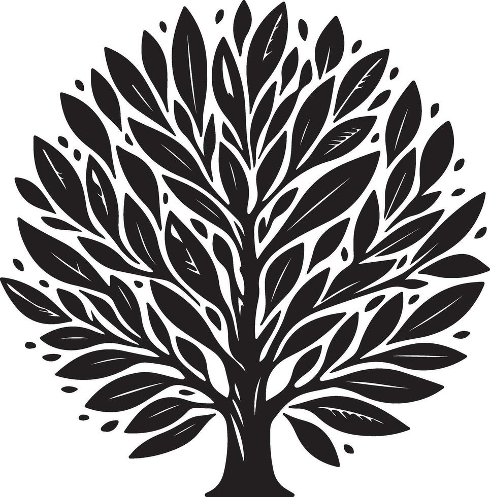 black and white illustration of a tree with leaves vector