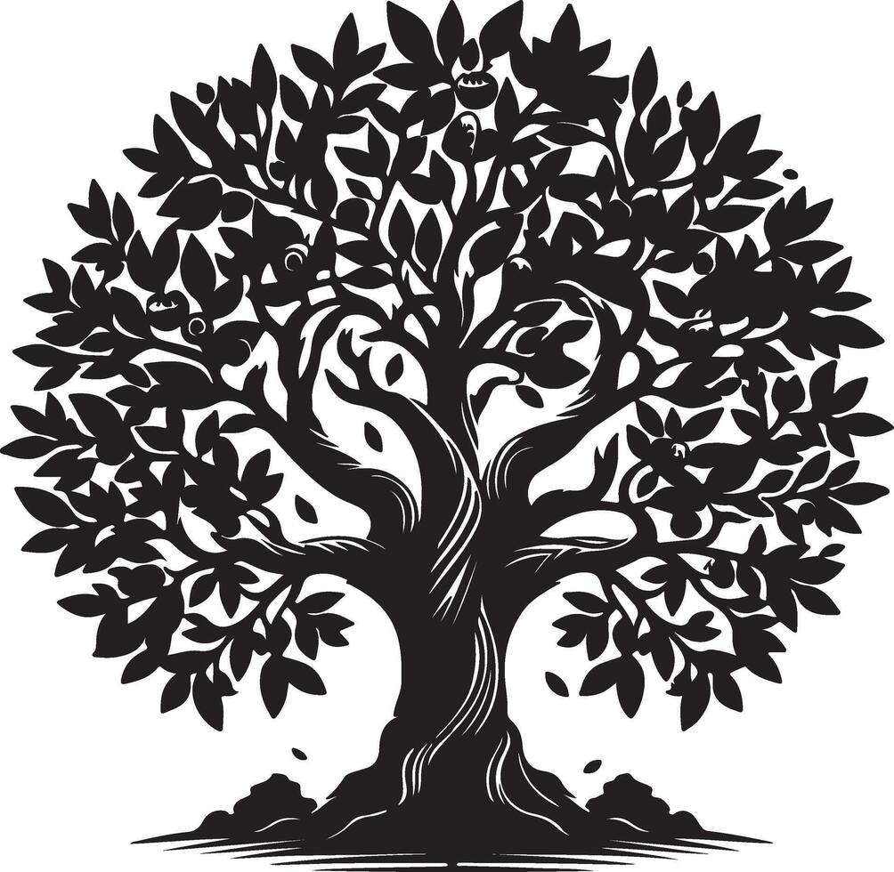 an illustration of a black and white tree with leaves vector