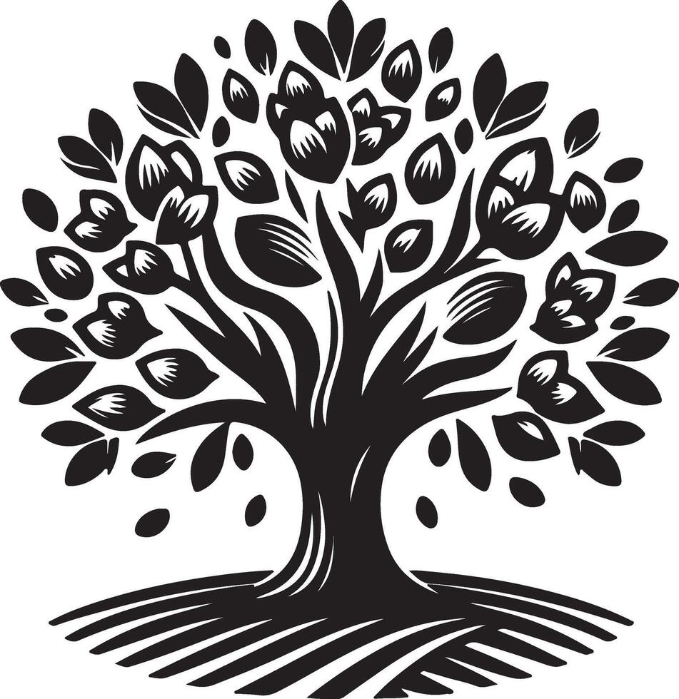 a black and white creative illustration of a tree with leaves vector