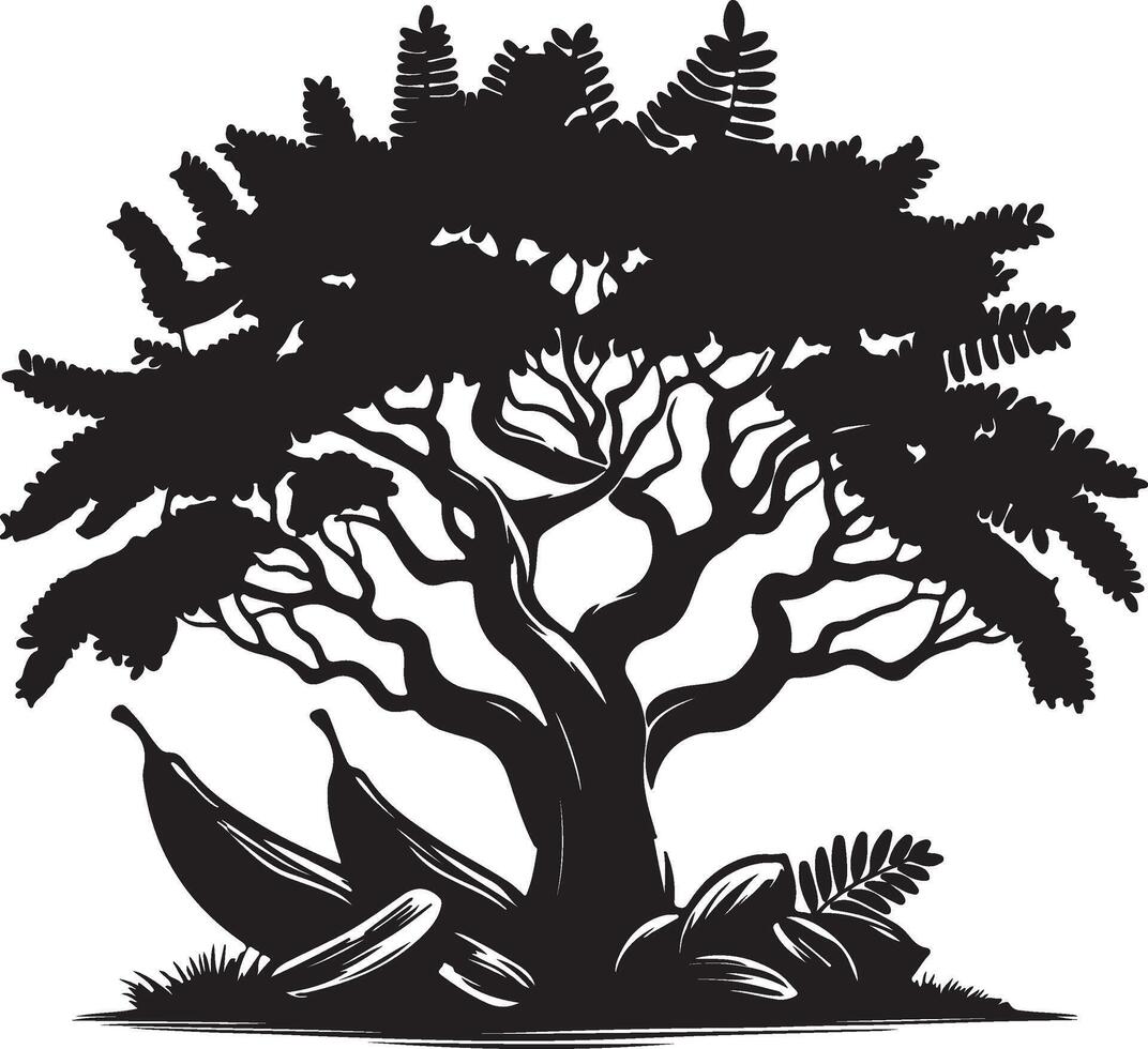 a black and white illustration of a tree with bananas vector