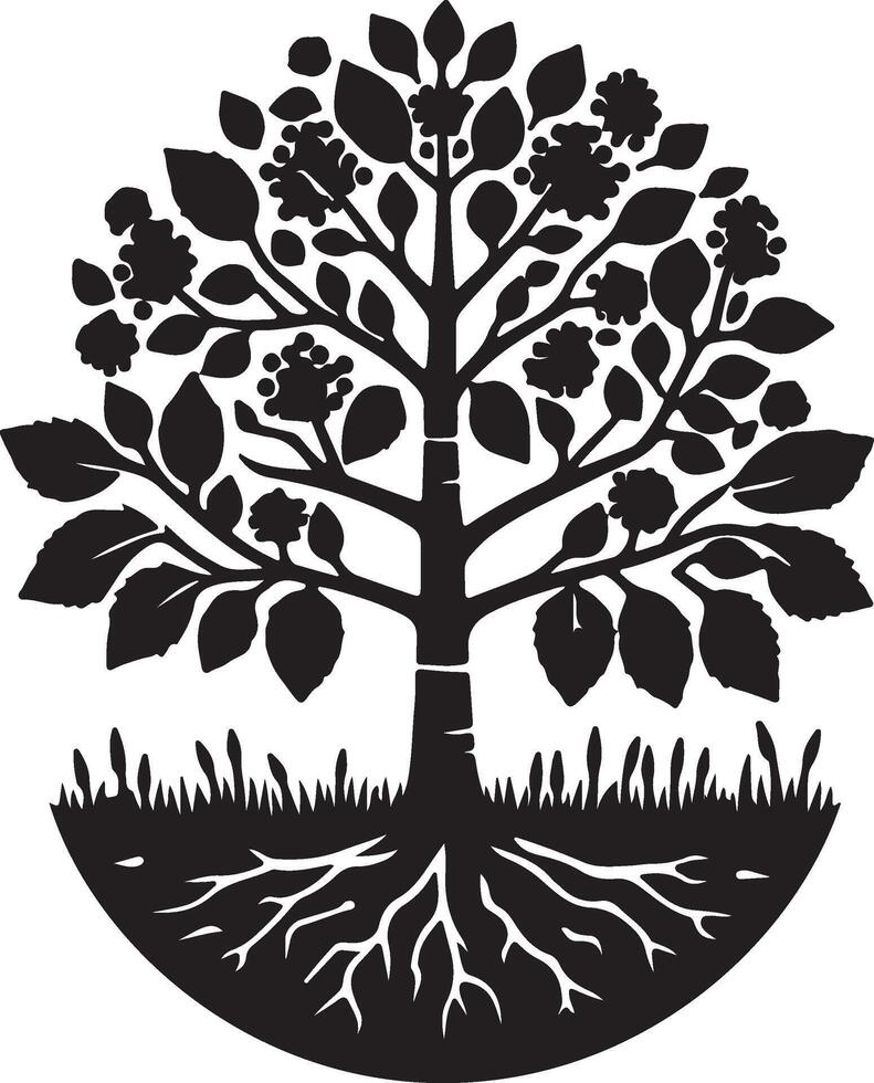 a black and white creative illustration of a tree with roots vector