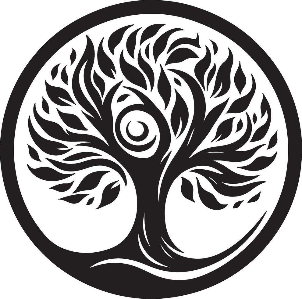 a black and white tree logo with a circular design vector