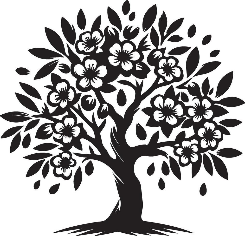 black and white creative illustration of a tree with flowers vector