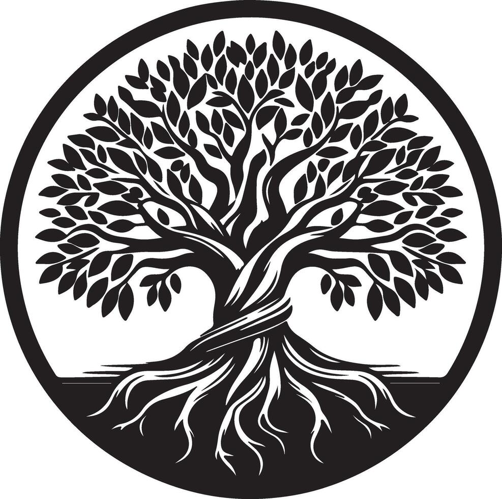 a black and white tree with roots in a circle vector