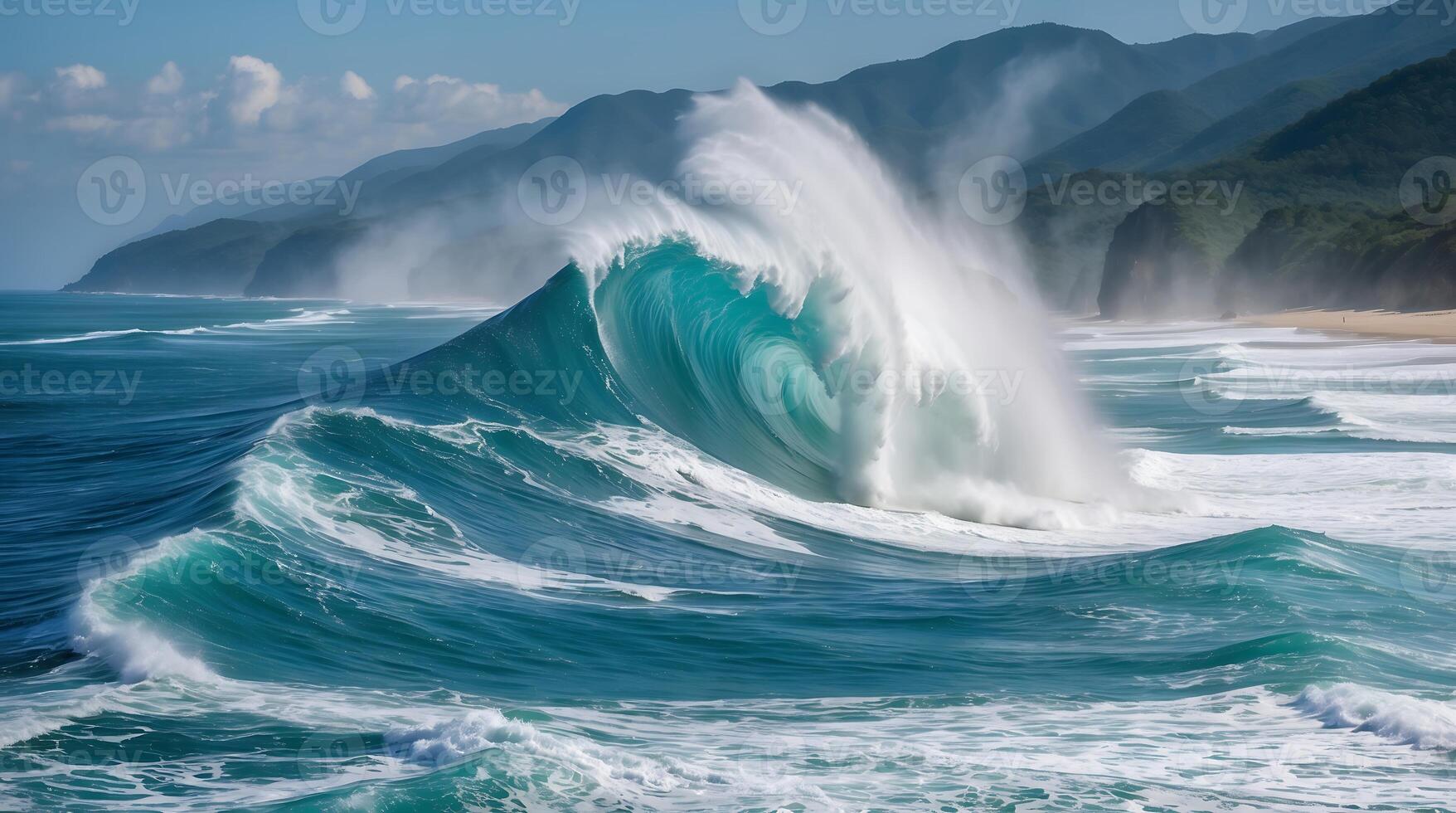 Massive tsunami wave approaches shoreline, highlighting the effects of climate change photo