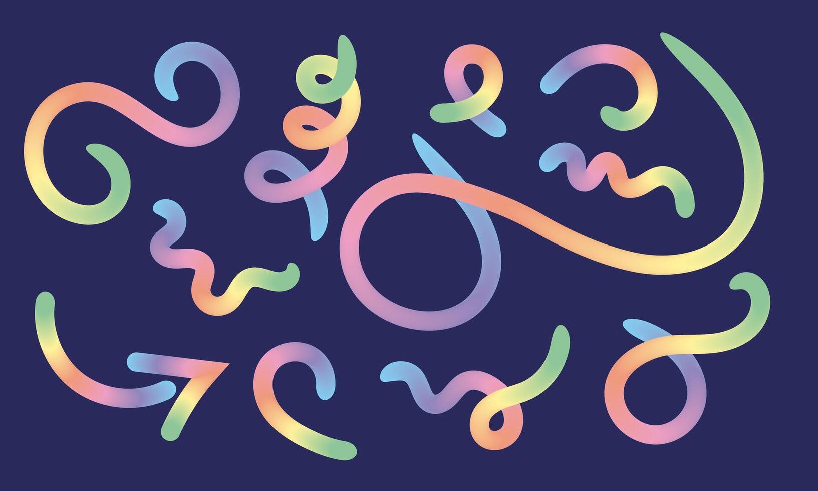 Rainbow lines collection. Curved and dynamic motions shapes. Squiggle neon forms vector