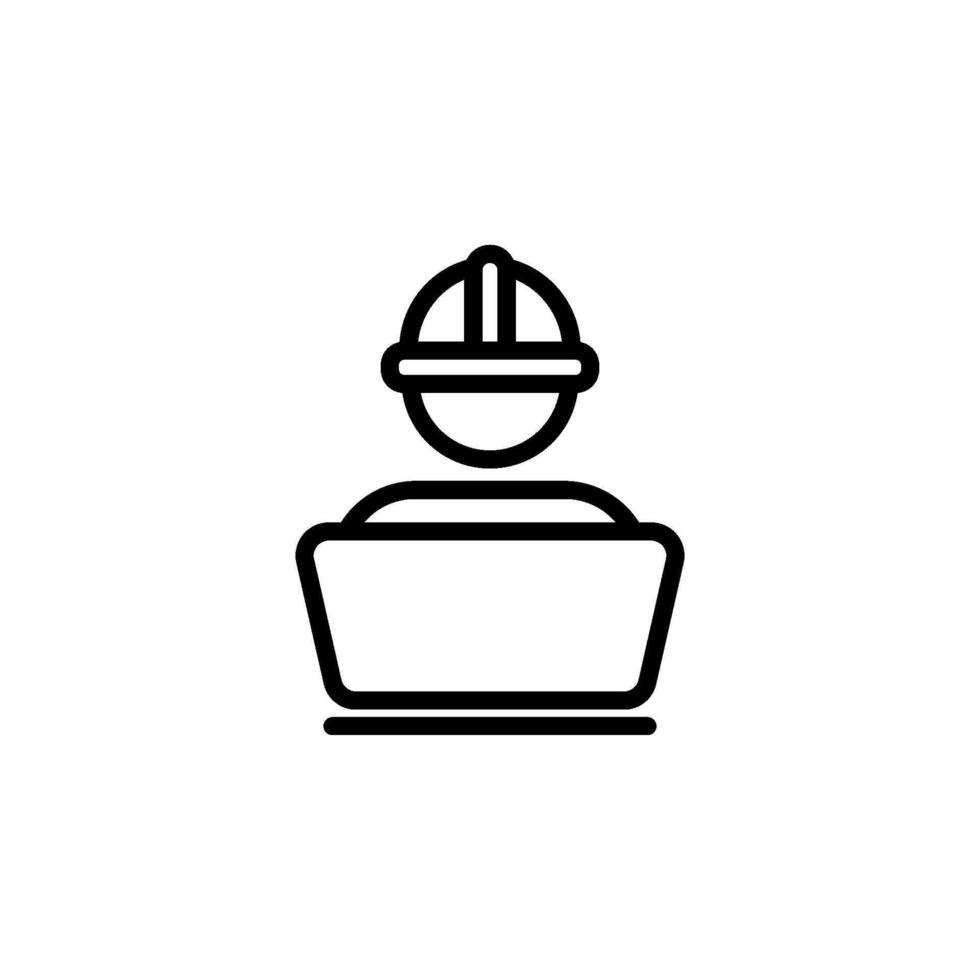 icon of construction worker wearing hard hat and working on laptop. Represents construction, engineering, development, and related professions. Clean, modern vector