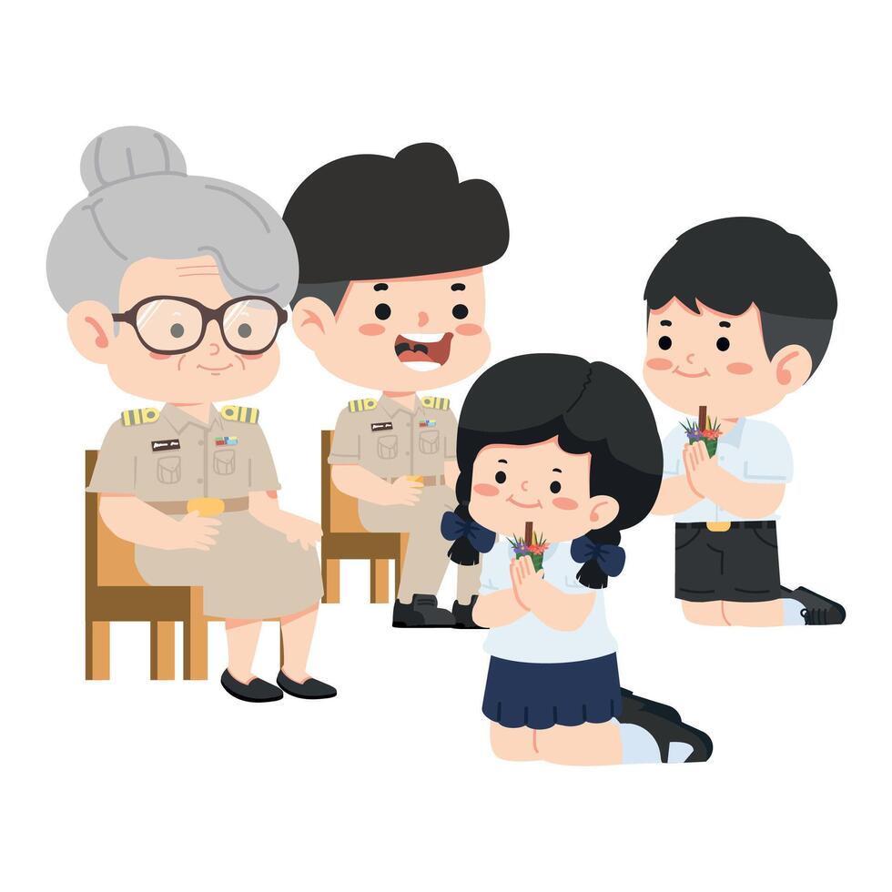 Two teachers and two students paying respect vector