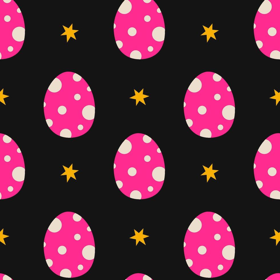 Pattern of pink polka dot eggs and stars on black background for festive decor vector