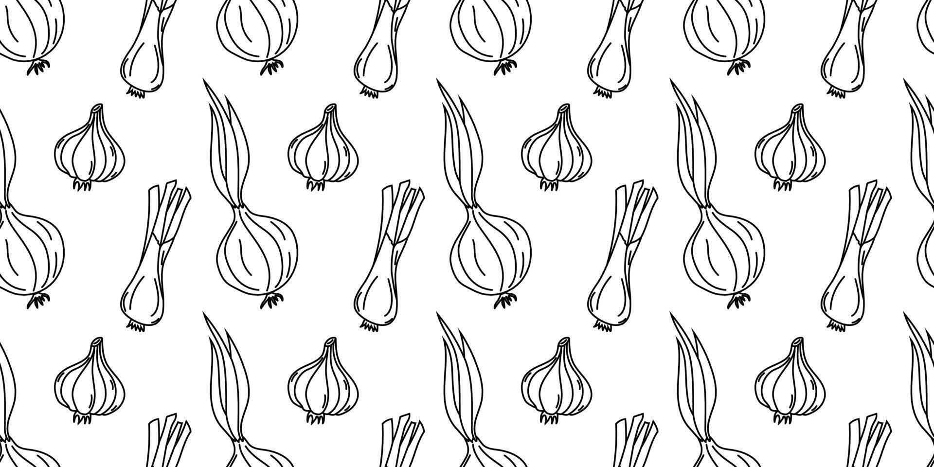 Stylized black and white illustration of onions and garlic on seamless background vector