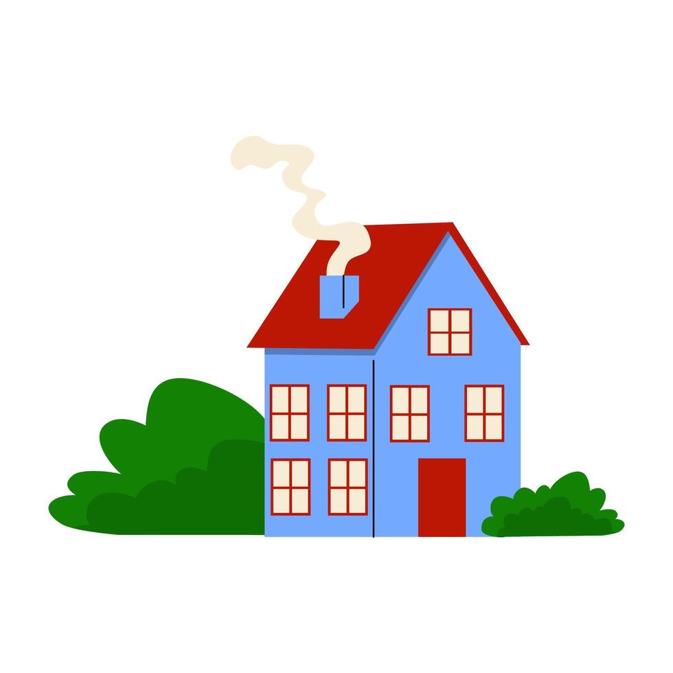 Colorful house with chimney and smoke surrounded by greenery in a cartoon style illustration vector