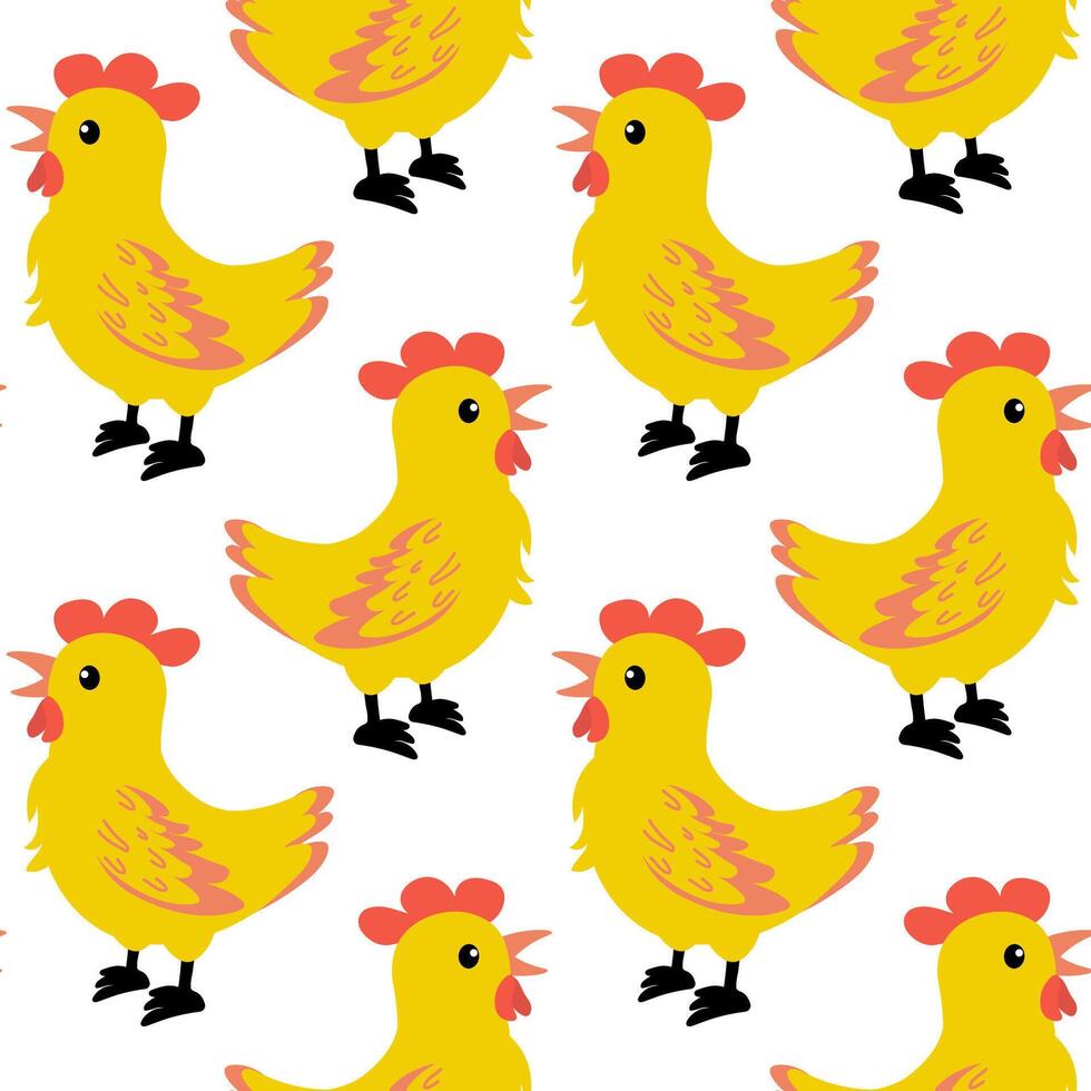 Colorful illustration of playful chickens on a vibrant green background in a whimsical design vector