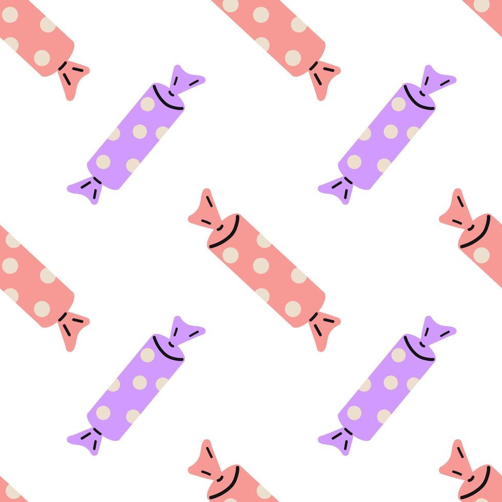 Colorful candy pattern featuring pink and purple wrapped sweets on a white background vector