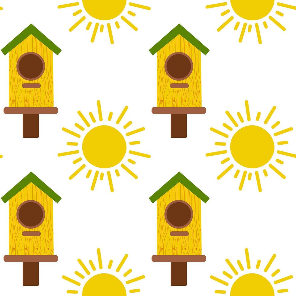 Colorful birdhouses and sunny backgrounds create a cheerful pattern for home decor vector