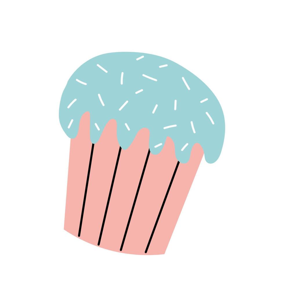 Colorful cupcake with blue frosting and sprinkles on a white background displayed in a playful style vector