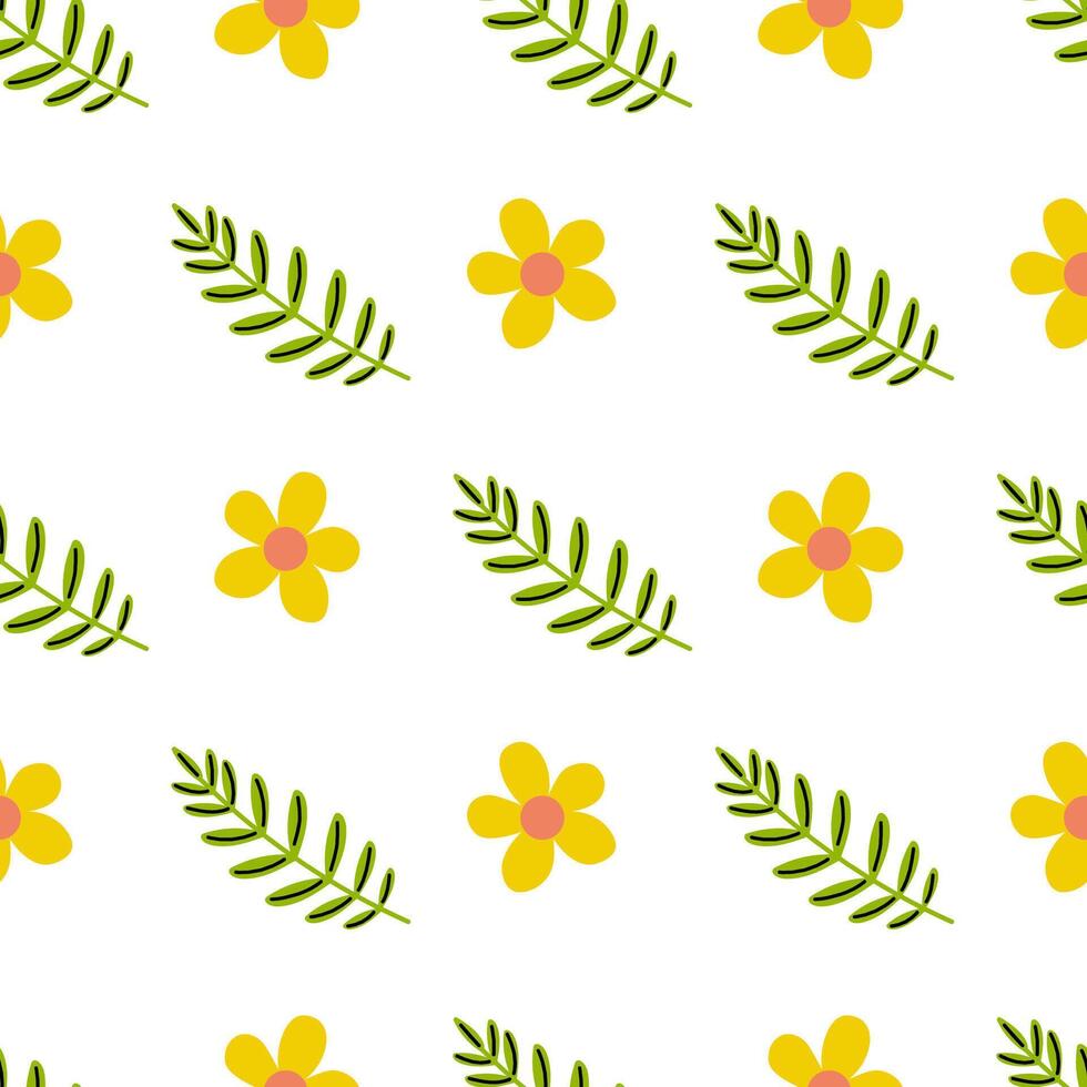 Colorful pattern featuring yellow flowers and green leaves on a white background vector