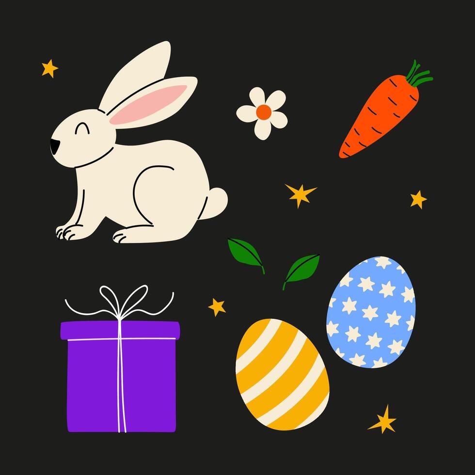 Easter bunny with decorative eggs, carrot, gift, and flowers in a dark background vector