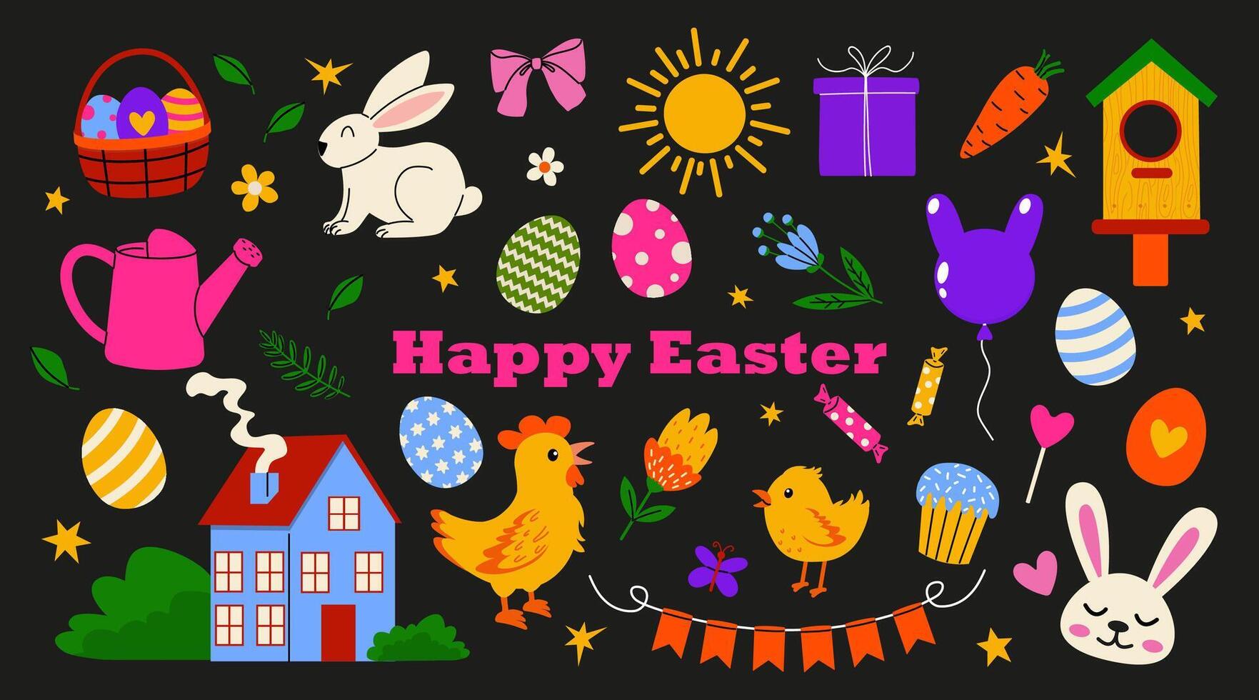 Colorful Easter celebration with eggs, bunnies, and spring elements in a festive design vector