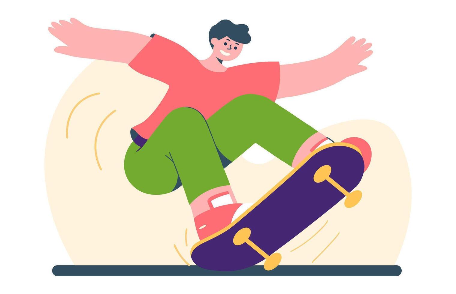 A boy performing a skateboard trick, dynamic motion, urban sport. Flat illustration with bright colors, minimalistic design, no shadows vector