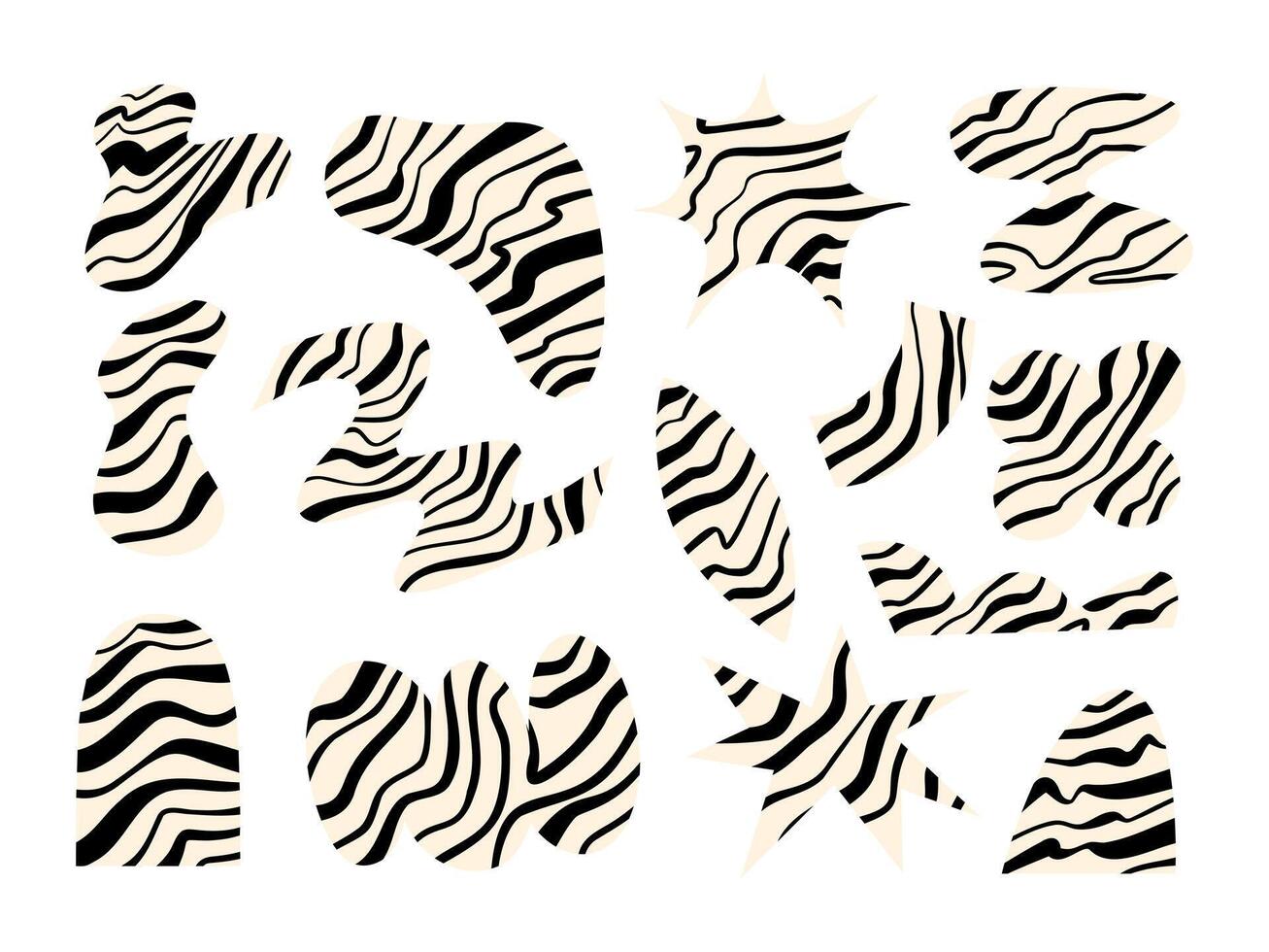 Zebra Stripe Abstract Cutout Shape. A collection of 14 bold abstract shapes with black zebra stripe patterns on cream backgrounds. Includes organic blobs, geometric cuts, and playful motifs vector