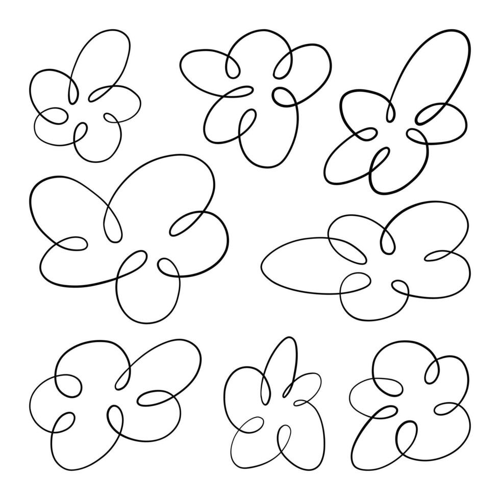 One Line Abstract Flower Doodle Collection. A charming collection of 8 abstract floral elements drawn with continuous line loops. Each flower features unique petal shapes for modern decorative use vector