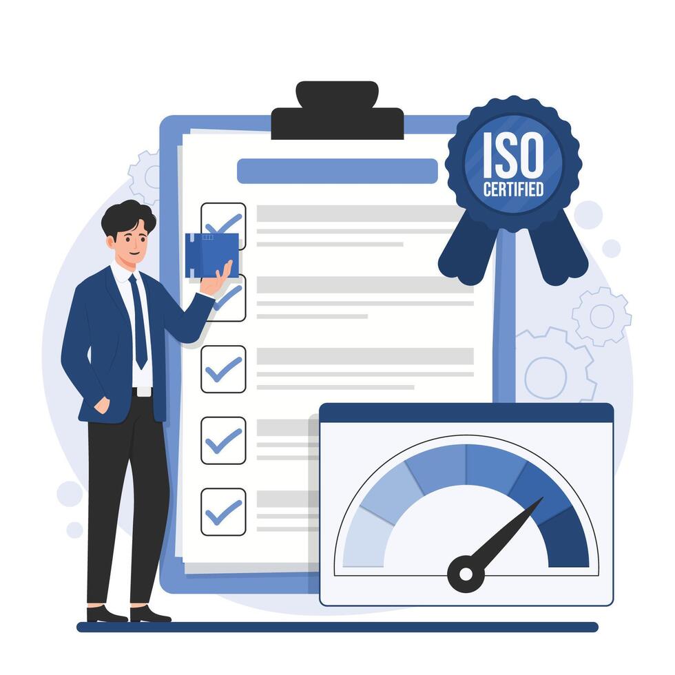 Quality control concept. illustration in flat cartoon style. Man with document, meter and seal. vector