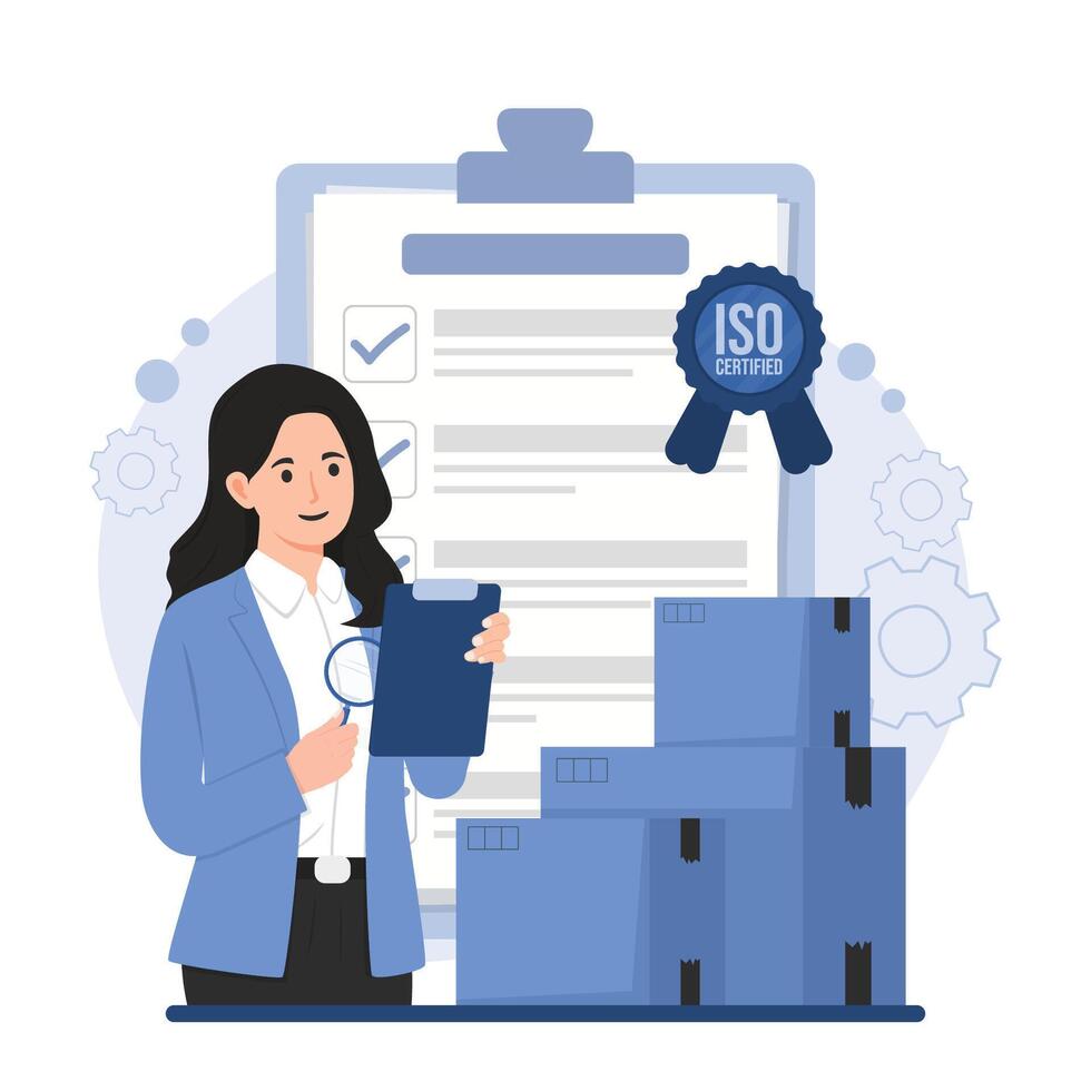 Quality control concept Businesswoman with checklist and boxes. Flat design illustration concept. vector