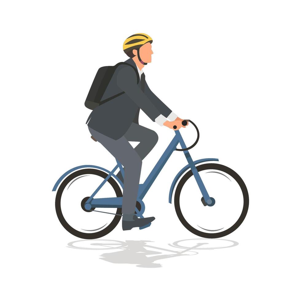 Bike to Work Day. Flat businessman character biking go to work. Energy saving concept. Bicycle vector