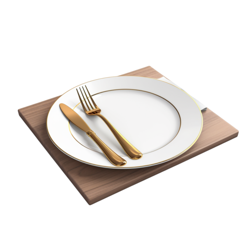 Elegant dining plate with gold utensils on a wooden placemat for table ting and home decor ideas png