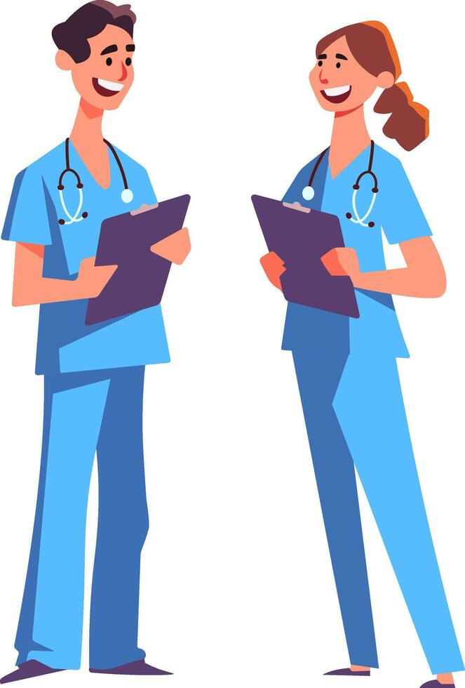 Cheerful male and female healthcare professionals in blue scrubs with stethoscopes holding clipboards against white background, depicting hospital teamwork vector