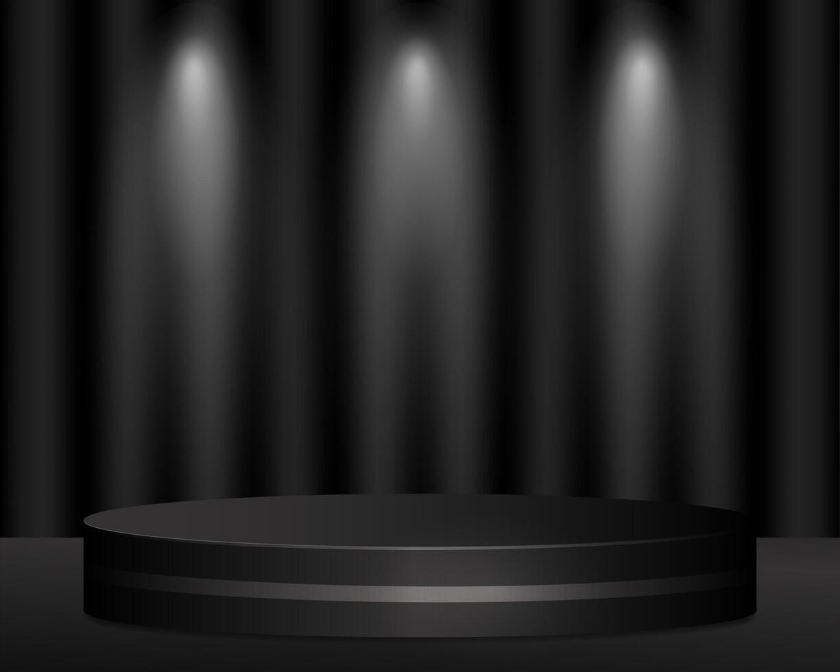 black luxury round podium in dark room against black curtains vector