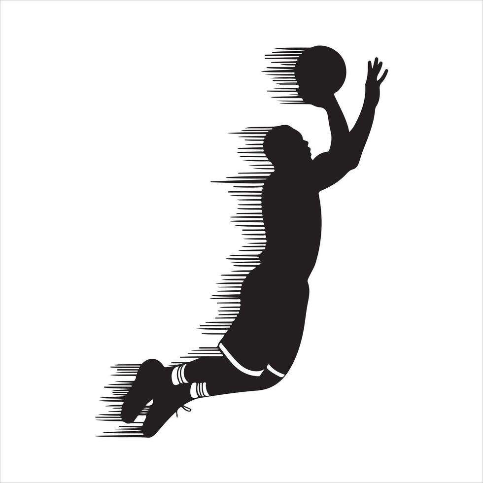 Basketball player performing slam dunk black silhouette vector