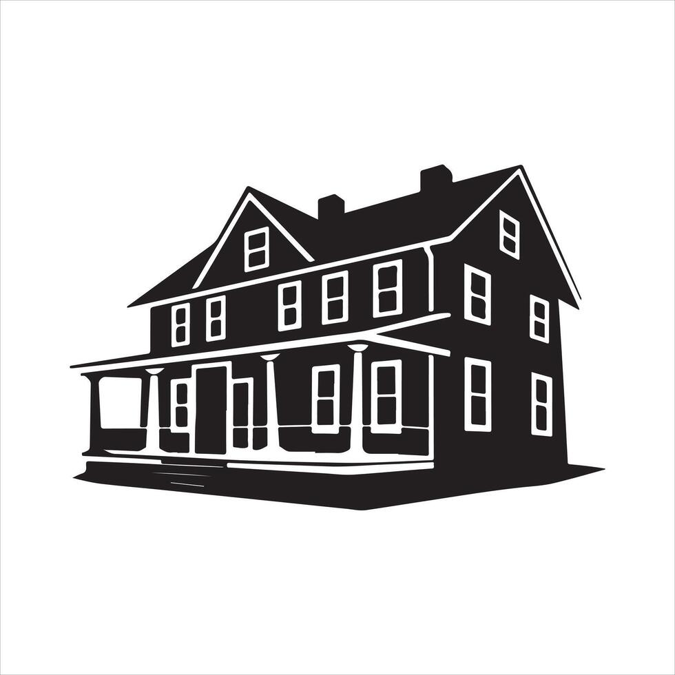 Silhouette of Classic House with Porch and Gable Roof vector