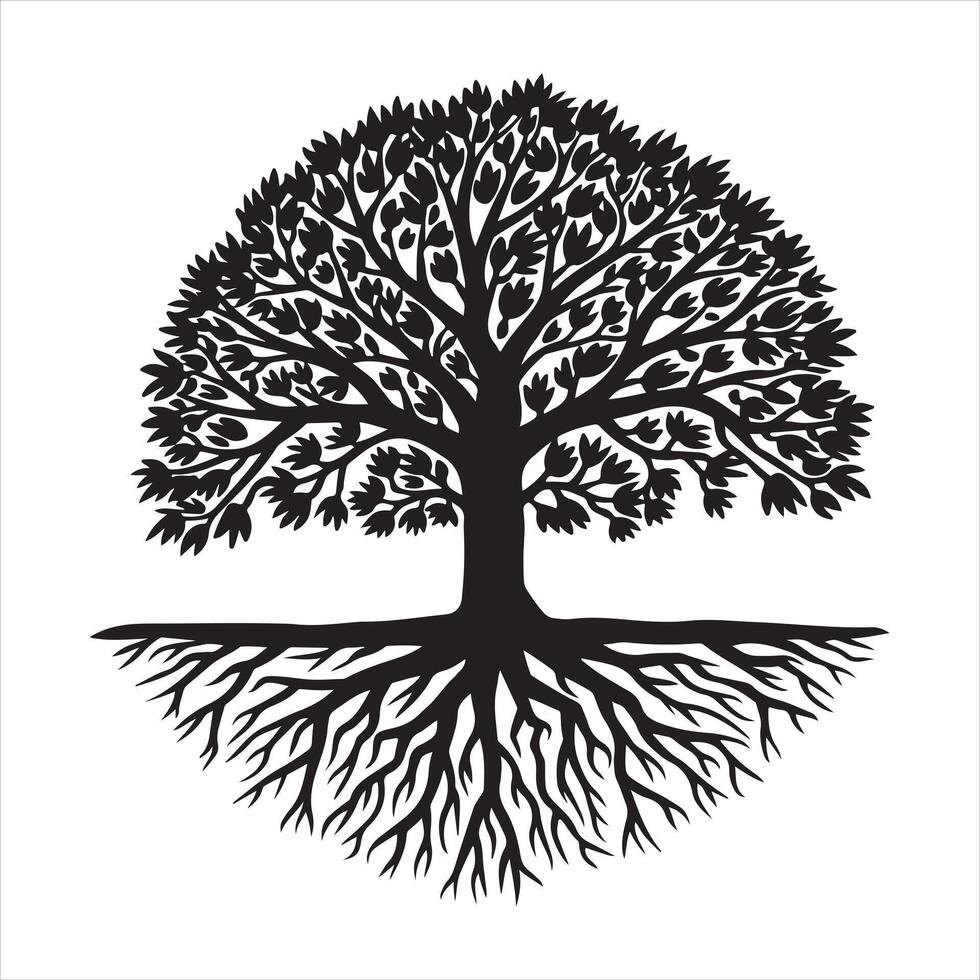 Black and White Silhouette Tree with Roots vector