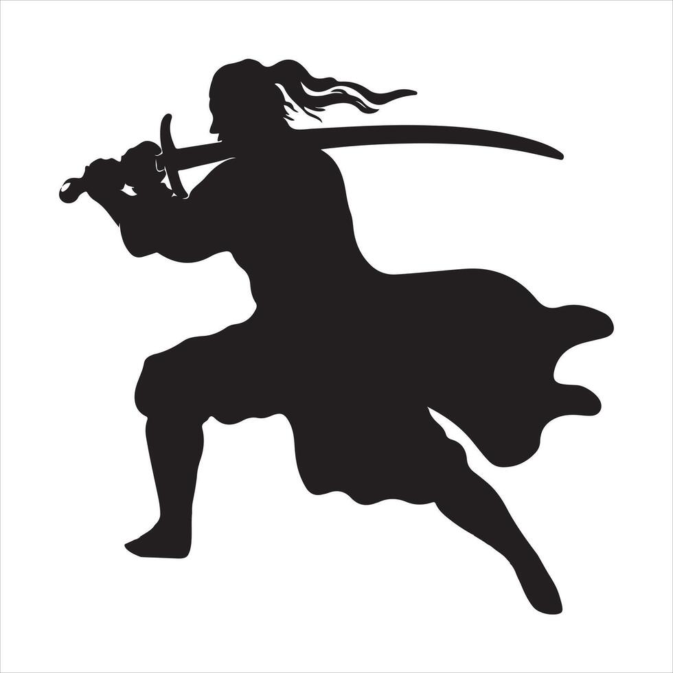 Silhouette of a warrior a sword in action. vector