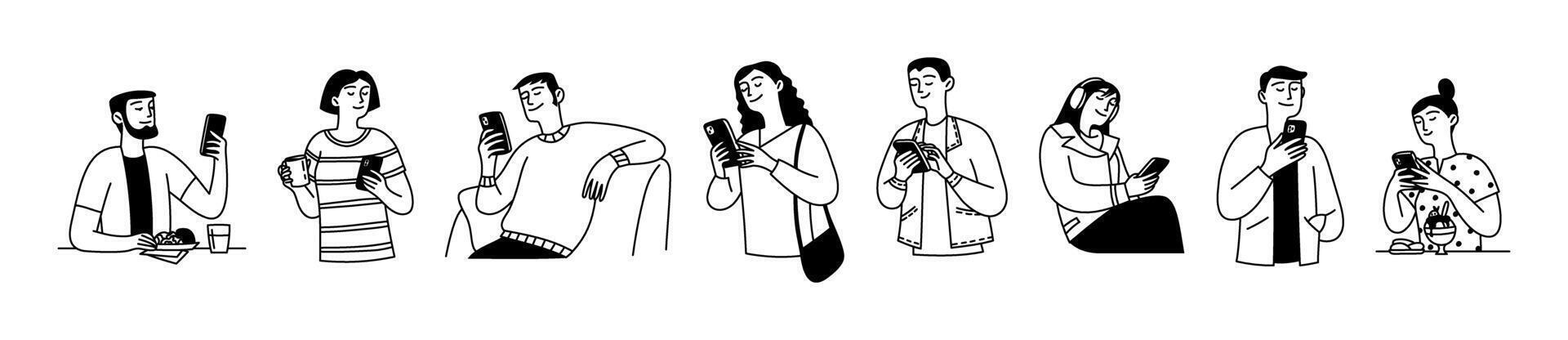 Set of people using smartphones. Men and women with devices, gadgets. Digital world. Stylish doodle illustration vector