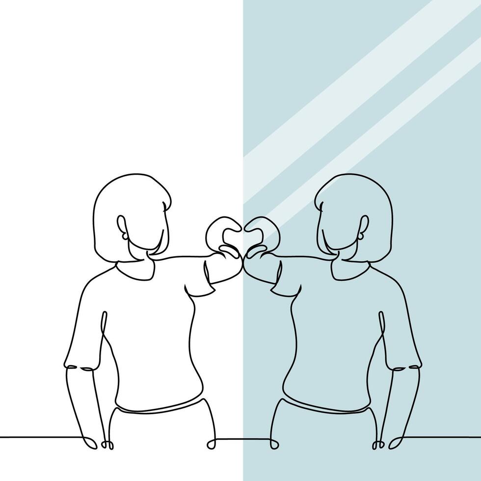 woman in front of mirror shows heart gesture, self love, narcissism, egocentrism, self-admiration, self-acceptance, confidence, single life vector
