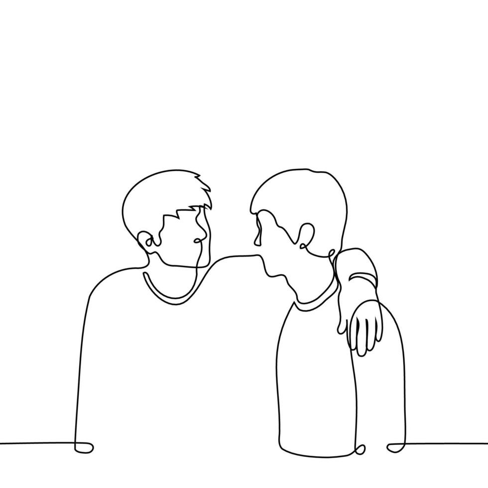 A man patronizingly placed his hand on another man's collarbones, they look at each other - one line art . concept support, flirting, male friendship vector