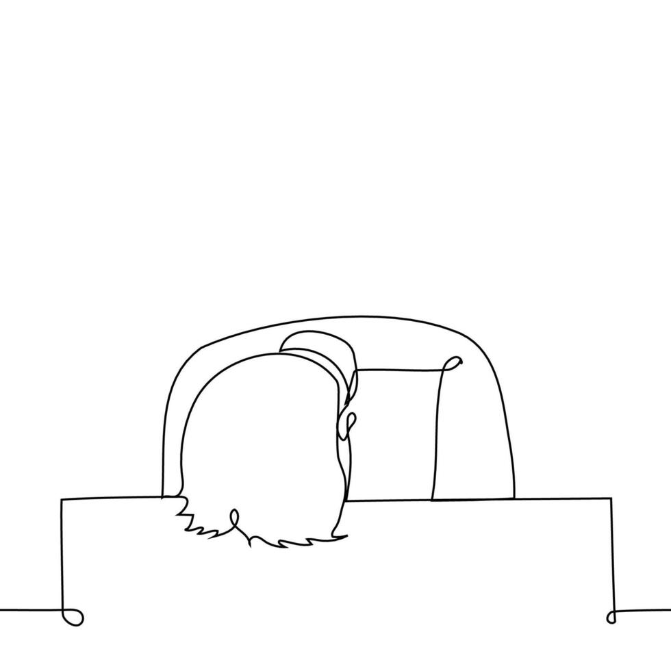 man sitting on chair put head on table top - one line art . concept fatigue, mental fatigue, drowsiness, insomnia, emotional burnout vector