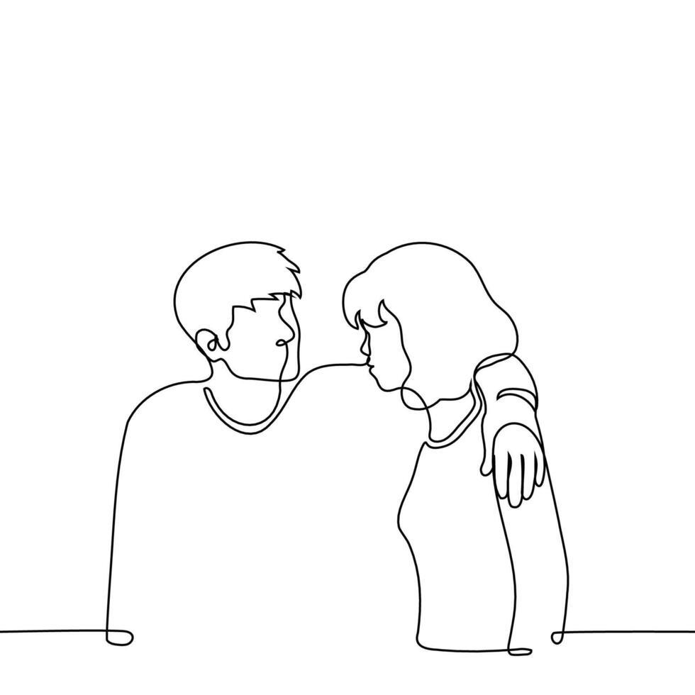 man put his hand on woman's collarbones protectively, they look at each other - one line art . concept support, flirt, harassment vector