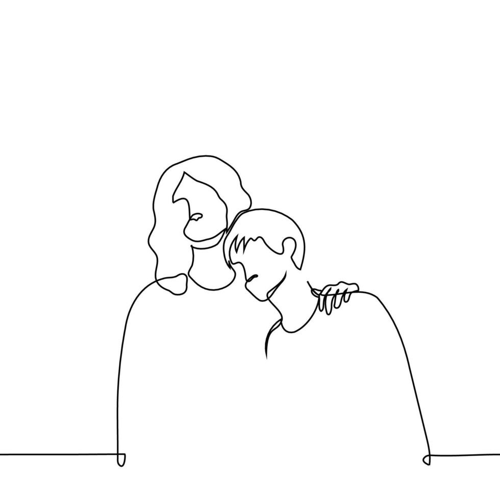 man shorter than a woman on whom he put his head, she put her palm on him, both looking in the same direction - one line art . concept mother or older sister, dominant woman and submissive man vector