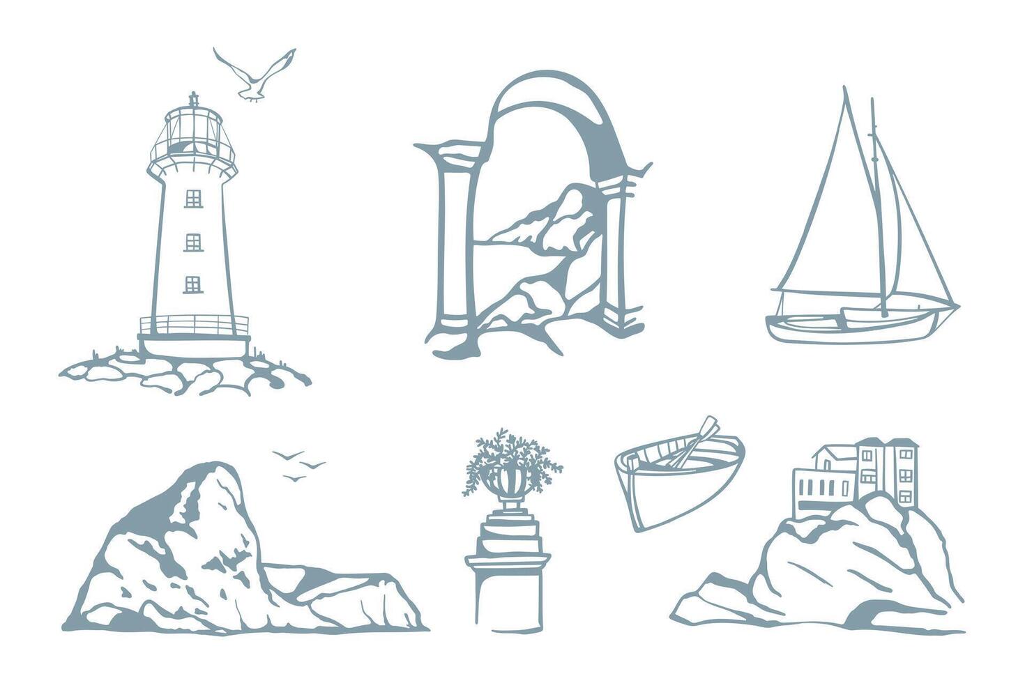 Seaview theme hand drawn elements set. Various seaside design for card, poster, social media, travel vector