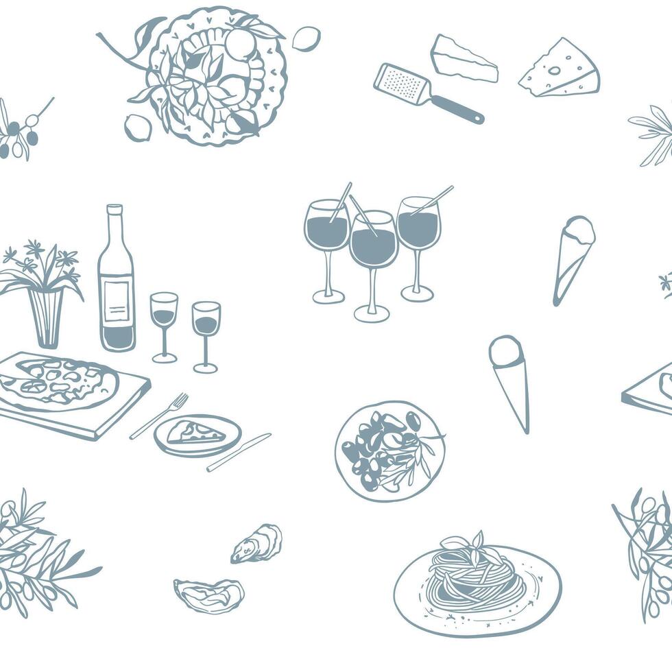 Hand drawn Italian food in sketch style. Seamless pattern with Mediterranean cuisine for textile, fabric, wrapping paper vector