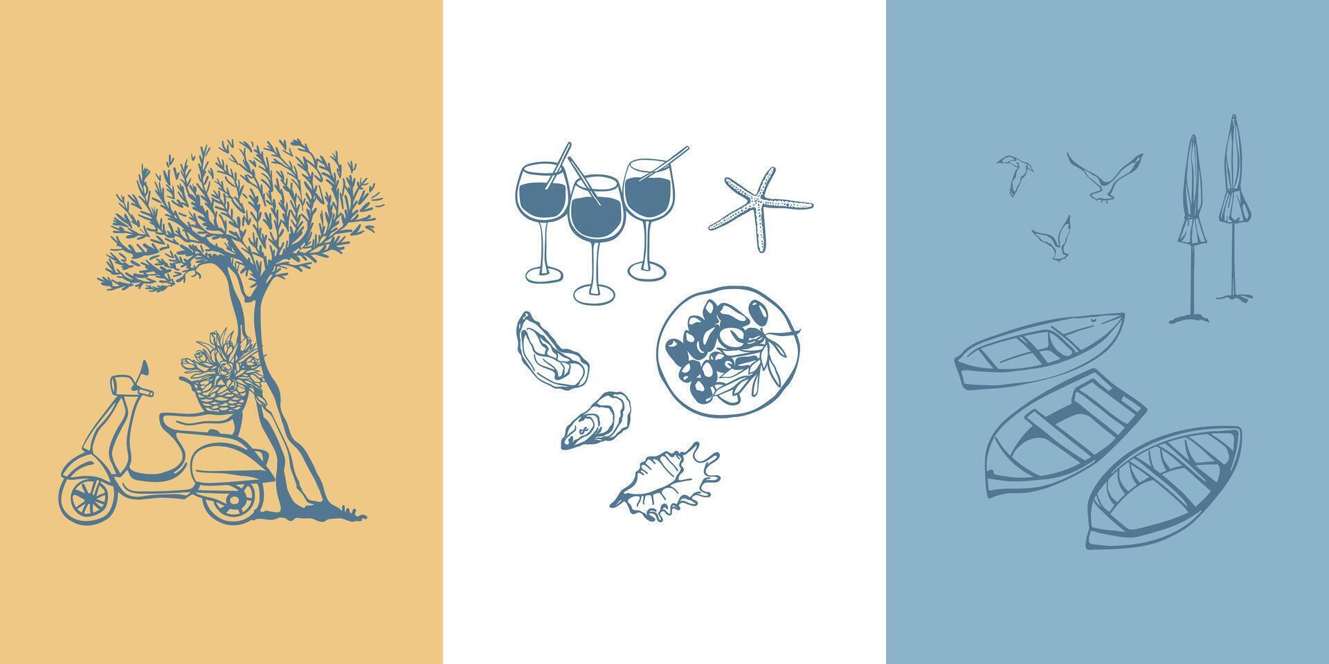 Hand drawn posters with Italian vacation theme elements. Minimalist design for greeting cards, poster, postcards, branding, logo, background vector